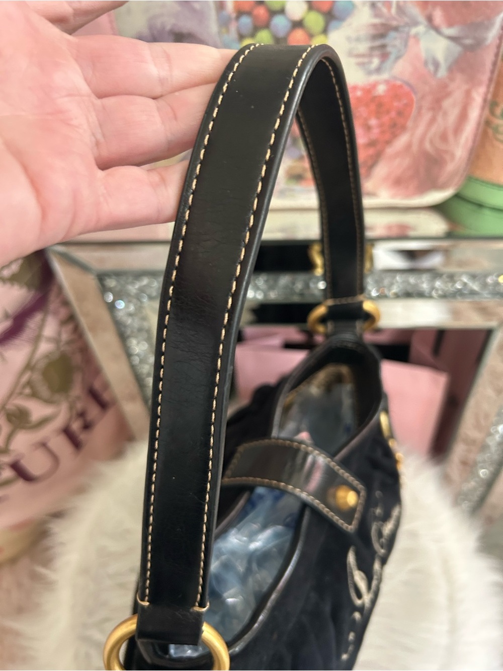 Y2K Vintage 2011 Juicy Couture Black Velour Shoulder Bag Butterfly Heart Charm - Picture 8 of 14